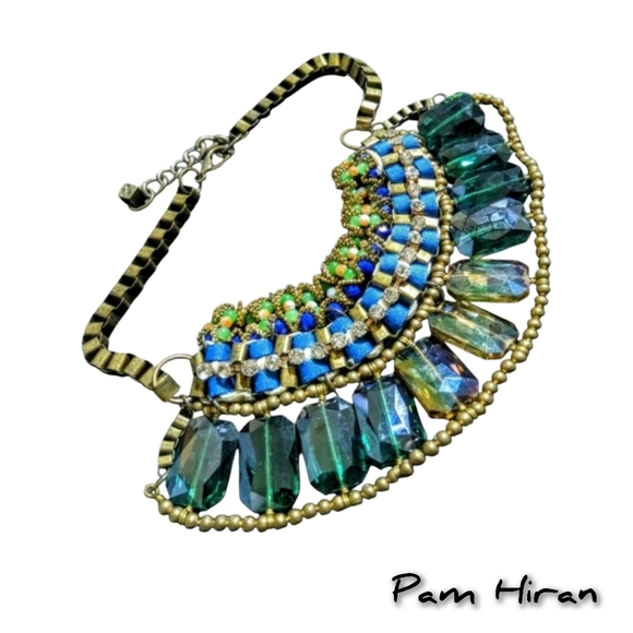 Pam Hiran Chunky Statement Necklace Various Blue Glass Beads Brass Ribbon NWOT - Picture 6 of 10